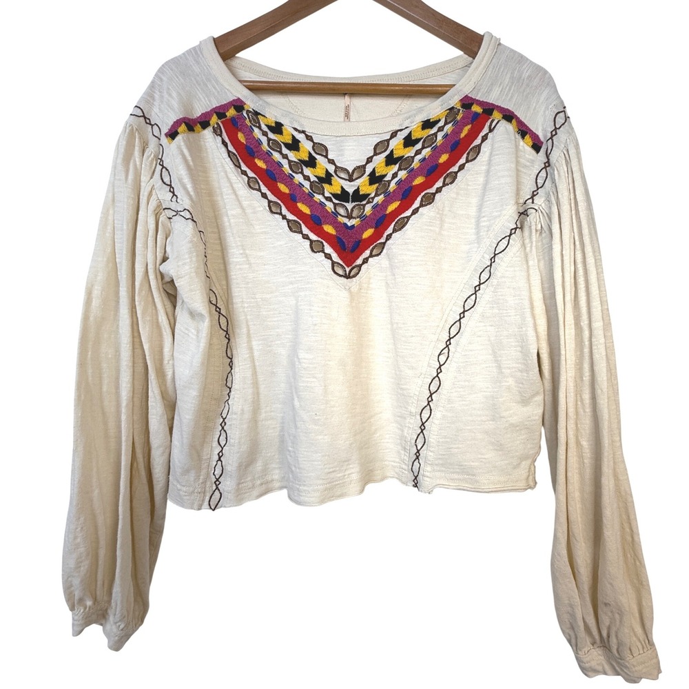 Free People Embroidered Long Sleeve Top Boho Peasant‎ Blouse Medium